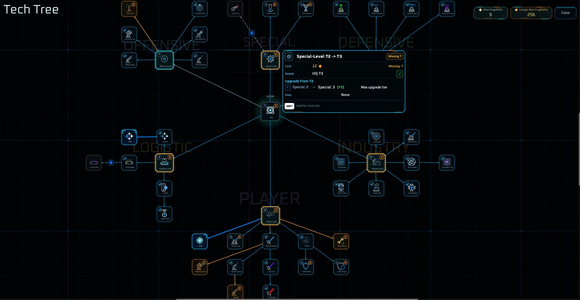 A selected technology and its upgrade details in the research tree